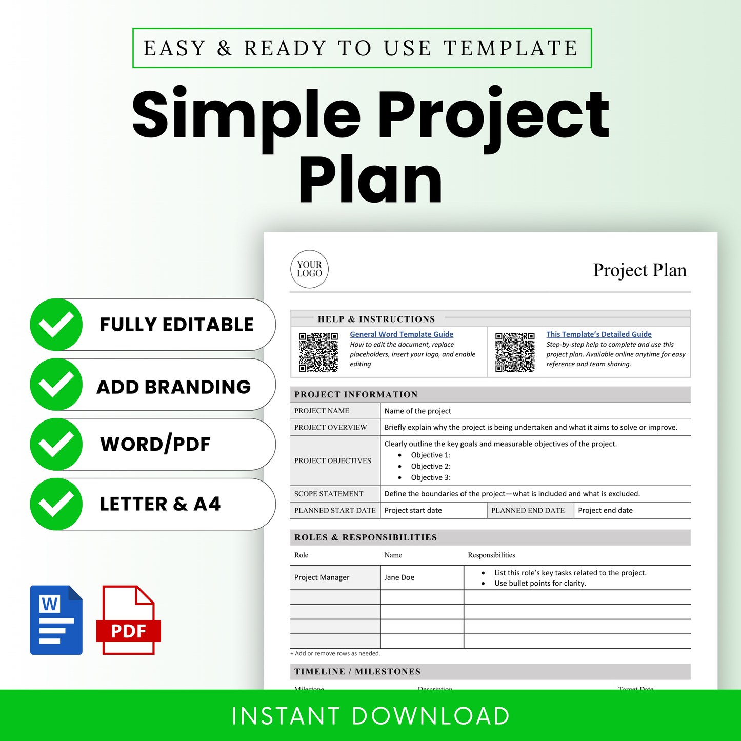 Minimalist simple project plan template cover with bold title, editable Word and PDF format, clean layout, business planning document, instant download printable planner