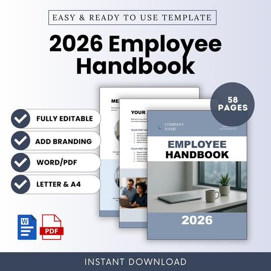 Simple employee handbook template cover with modern blue and gray design, editable Word and printable PDF format, business HR document, corporate onboarding handbook layout