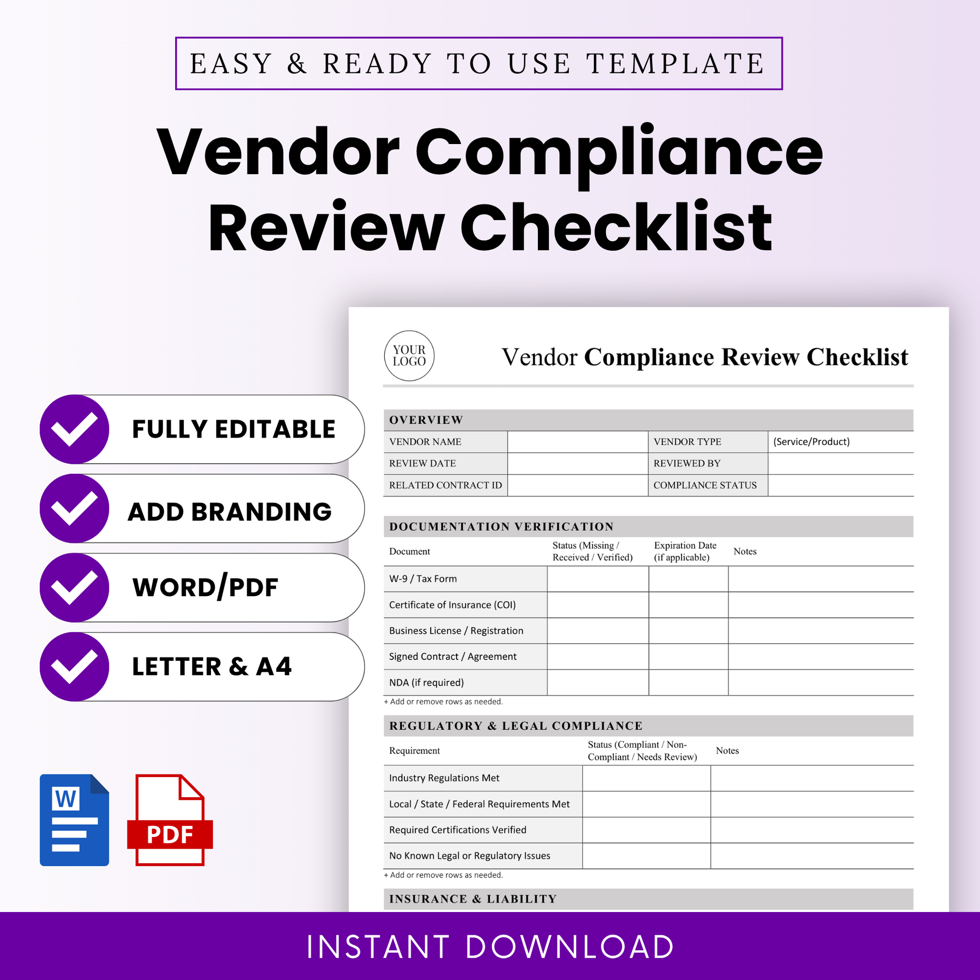 Vendor Compliance Review Checklist Template Word and Vendor Compliance Review Checklist Template PDF displayed with clean layout and key features. This simple Vendor Compliance Review Template is fully editable, printable, and ideal for businesses managing vendor audits, compliance tracking, and risk assessments.