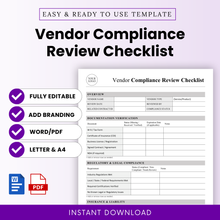 Vendor Compliance Review Checklist Template Word and Vendor Compliance Review Checklist Template PDF displayed with clean layout and key features. This simple Vendor Compliance Review Template is fully editable, printable, and ideal for businesses managing vendor audits, compliance tracking, and risk assessments.
