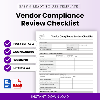 Vendor Compliance Review Checklist Template Word and Vendor Compliance Review Checklist Template PDF displayed with clean layout and key features. This simple Vendor Compliance Review Template is fully editable, printable, and ideal for businesses managing vendor audits, compliance tracking, and risk assessments.