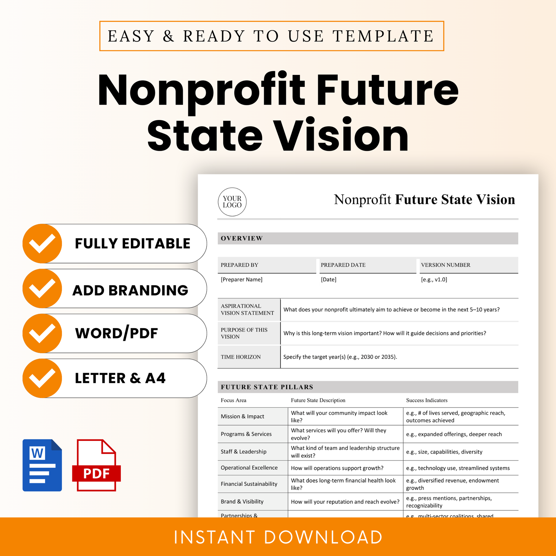 Editable nonprofit strategic planning template showing future state vision worksheet with sections for mission, impact, leadership, financial sustainability, and success indicators in clean minimalist layout
