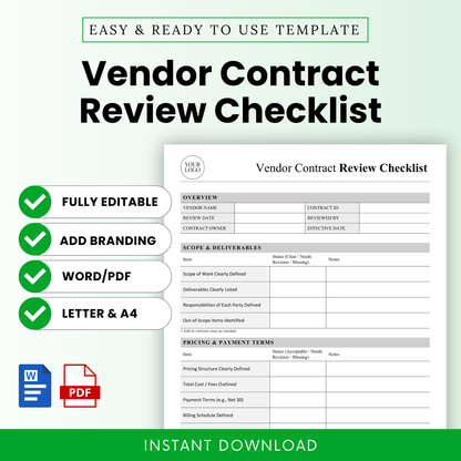 Vendor Contract Review Checklist Template Word and Vendor Contract Review Checklist Template PDF shown with a clean, professional layout and key features highlighted. This simple Vendor Contract Review Checklist Template is fully editable and printable, ideal for business owners, legal teams, and procurement professionals managing vendor agreements.