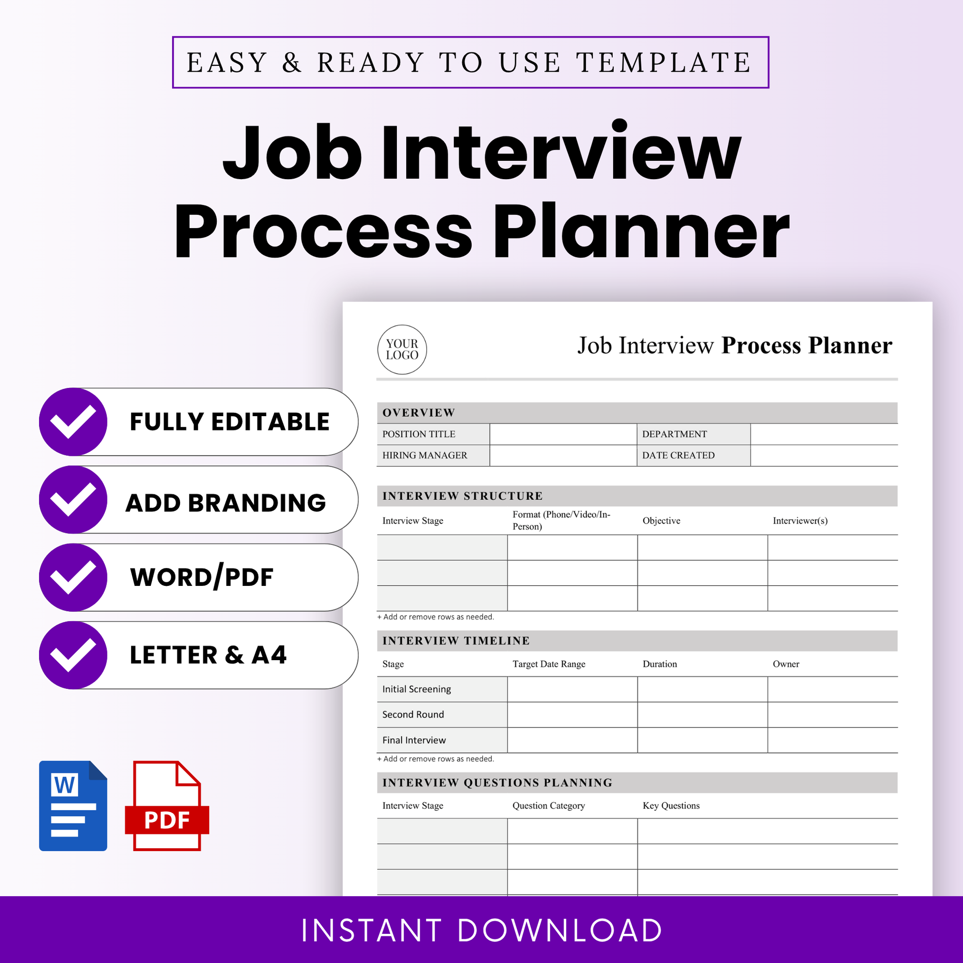Job interview process planner template cover with bold title, minimalist HR document layout preview, editable hiring workflow planner, Word and PDF template, instant download