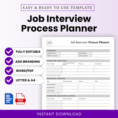Job interview process planner template cover with bold title, minimalist HR document layout preview, editable hiring workflow planner, Word and PDF template, instant download