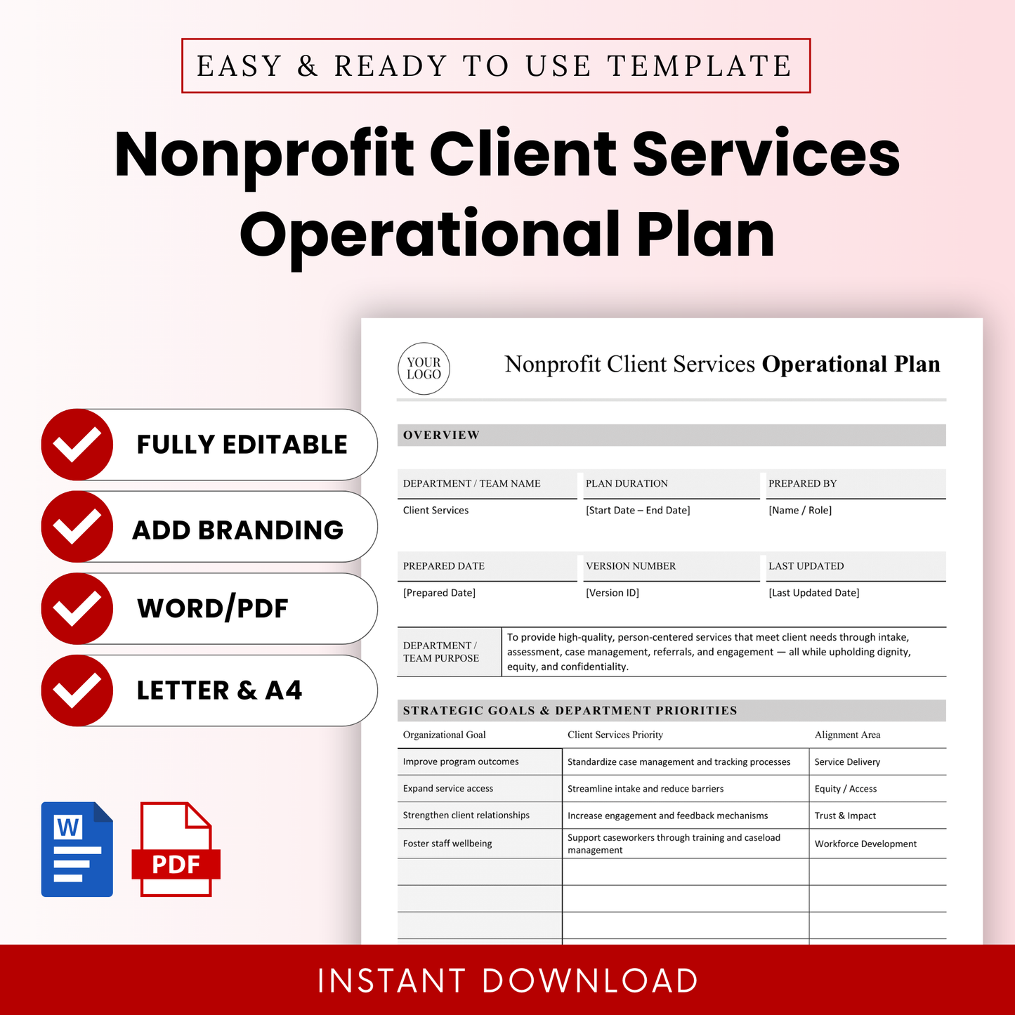 Nonprofit client services operational plan template editable Word and PDF document with clean minimalist layout, includes overview, strategic goals, and department priorities for nonprofit organizations
