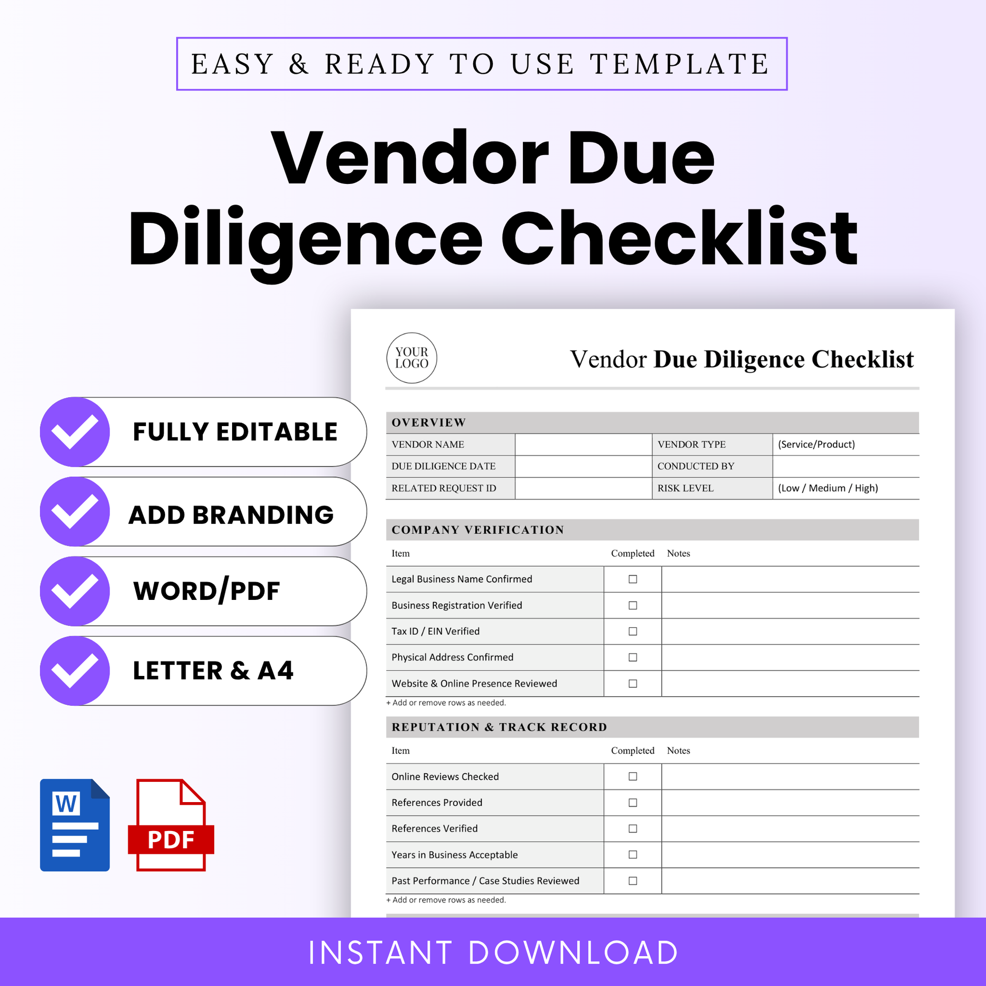 Vendor Due Diligence Checklist Template Word and Vendor Due Diligence Checklist Template PDF shown in a clean, professional layout with key features like fully editable, printable, and business-ready format. This simple Vendor Due Diligence Template is ideal for small business owners, procurement teams, and managers looking for an organized, easy-to-use vendor evaluation checklist.