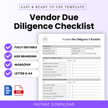 Vendor Due Diligence Checklist Template Word and Vendor Due Diligence Checklist Template PDF shown in a clean, professional layout with key features like fully editable, printable, and business-ready format. This simple Vendor Due Diligence Template is ideal for small business owners, procurement teams, and managers looking for an organized, easy-to-use vendor evaluation checklist.