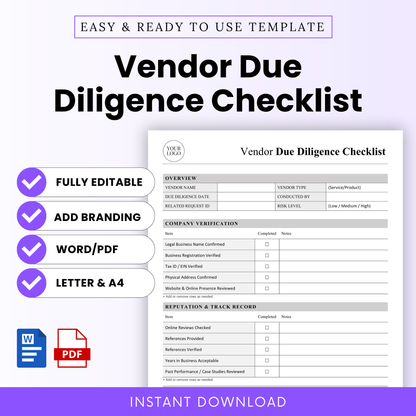 Vendor Due Diligence Checklist Template Word and Vendor Due Diligence Checklist Template PDF shown in a clean, professional layout with key features like fully editable, printable, and business-ready format. This simple Vendor Due Diligence Template is ideal for small business owners, procurement teams, and managers looking for an organized, easy-to-use vendor evaluation checklist.