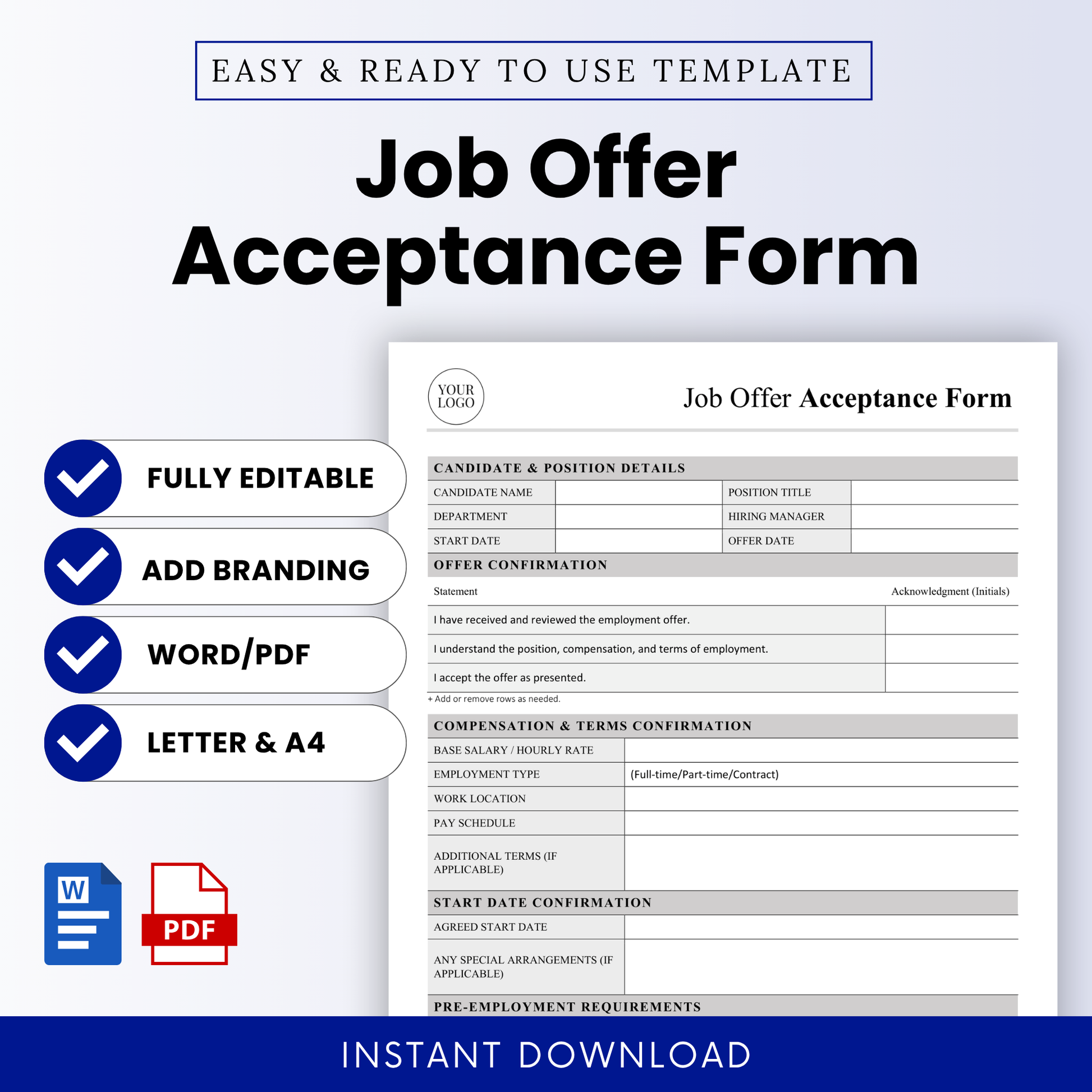 Job Offer Acceptance Form Template Word and Job Offer Acceptance Form Template PDF displayed in a clean, professional layout with editable sections for HR use. This simple Job Offer Acceptance Form Template is ideal for recruiters and small businesses needing a printable, customizable employment acceptance document.