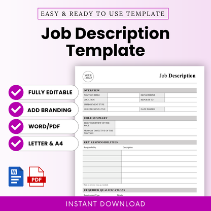 Editable job description template for hiring managers with clean professional layout, Word and PDF formats, HR recruitment document, instant download, letter and A4 sizes