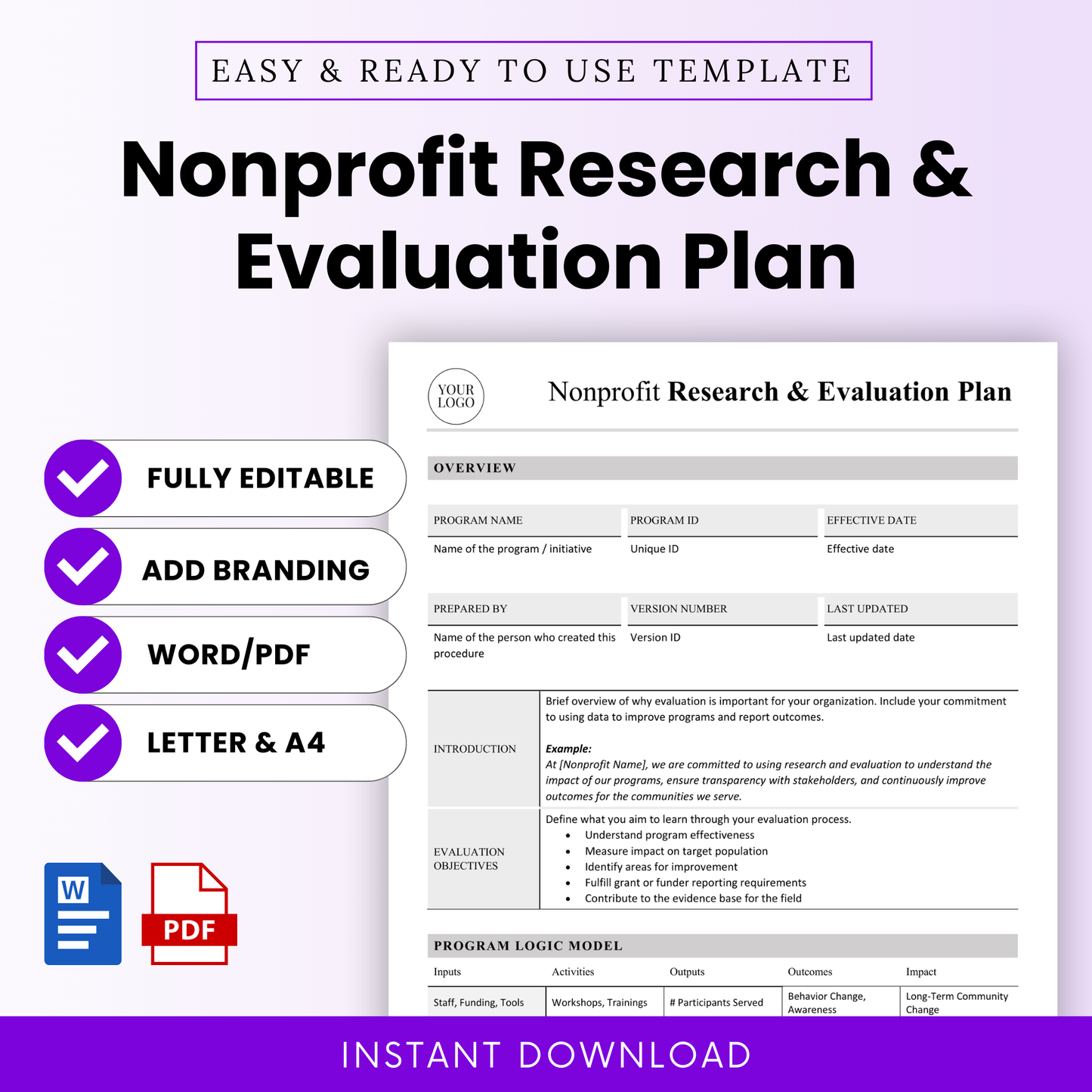 Nonprofit research and evaluation plan template cover with clean minimalist layout, editable Word and PDF formats, includes branding option, US Letter and A4 sizes, instant download digital document for nonprofit organizations