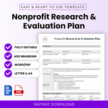 Nonprofit research and evaluation plan template cover with clean minimalist layout, editable Word and PDF formats, includes branding option, US Letter and A4 sizes, instant download digital document for nonprofit organizations