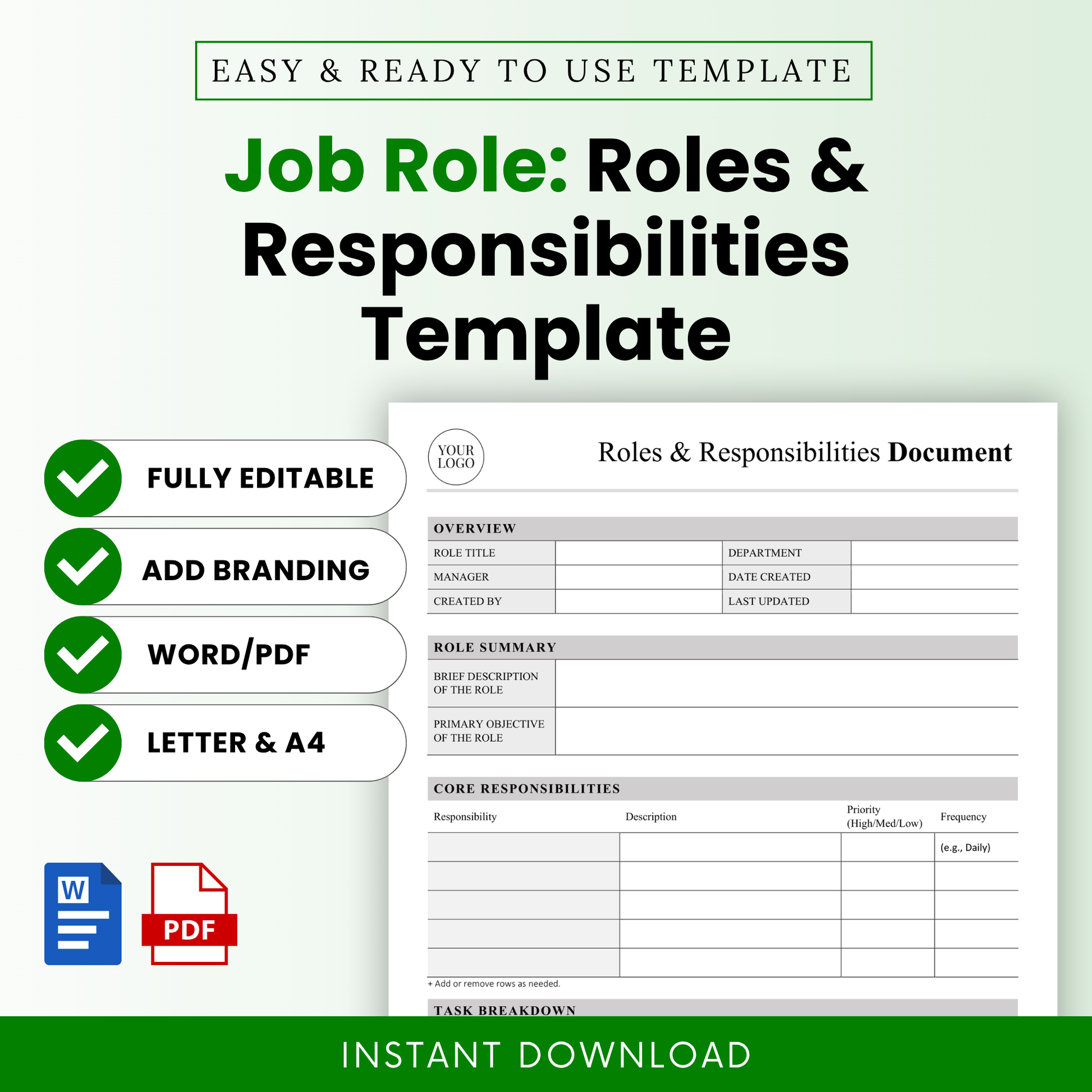 Editable roles and responsibilities template for job roles with clean layout, Word and PDF formats, ideal for HR, managers, and team organization with instant download