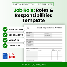 Editable roles and responsibilities template for job roles with clean layout, Word and PDF formats, ideal for HR, managers, and team organization with instant download