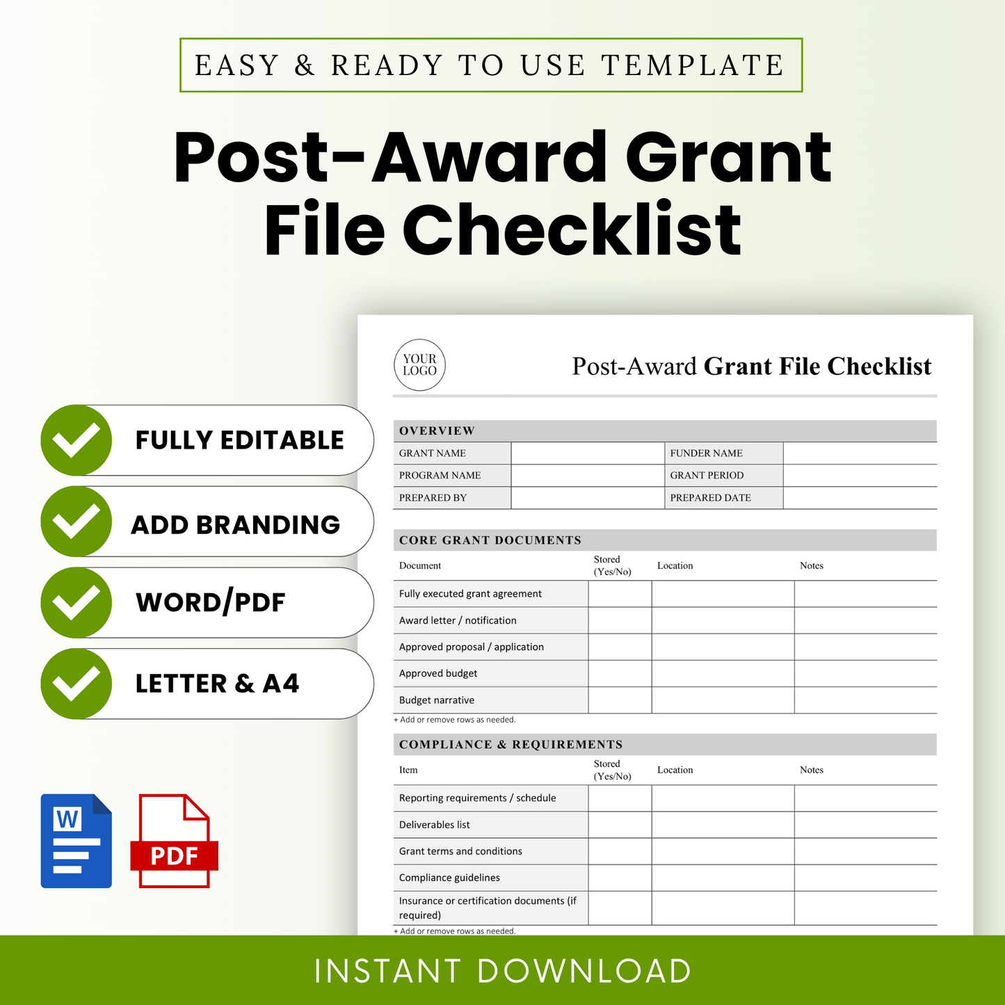 Post-Award Grant File Checklist Template Word and Post-Award Grant File Checklist Template PDF shown in a clean, minimalist layout with checklist sections visible. This editable and printable business template is ideal for nonprofits and grant managers to organize documents, track compliance, and streamline post-award grant processes.