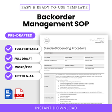 Backorder Management SOP Template – Full pre-drafted Standard Operating Procedure for inventory and purchasing teams. Includes Word and PDF formats in US Letter and A4 sizes. Instant download for small businesses, warehouse managers, and operations teams.