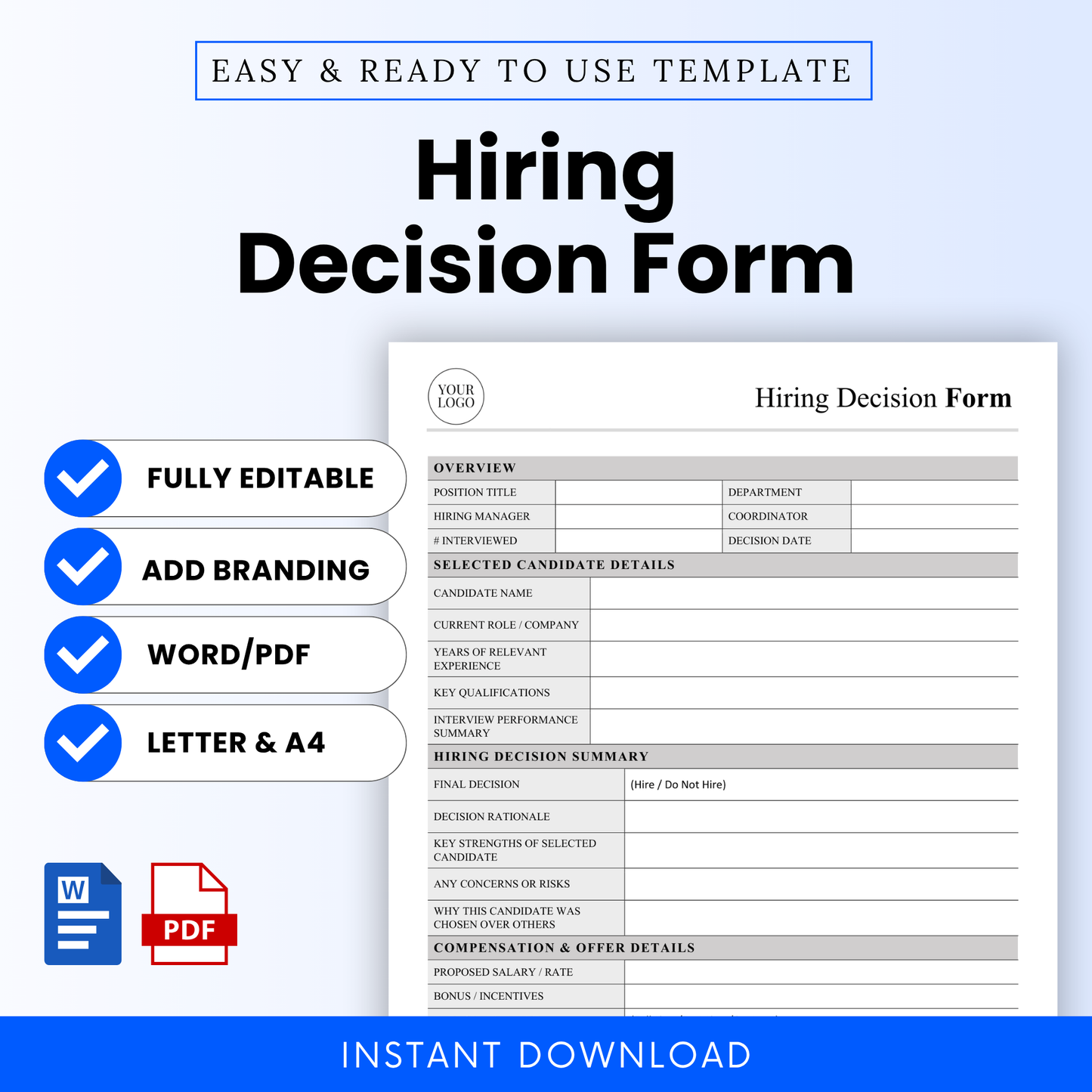 Hiring Decision Form Template Word and Hiring Decision Form Template PDF shown in a clean, professional layout with key features like fully editable, add branding, and printable formats. This simple Hiring Decision Form Template is ideal for HR teams, managers, and small businesses needing an organized, editable hiring decision document.