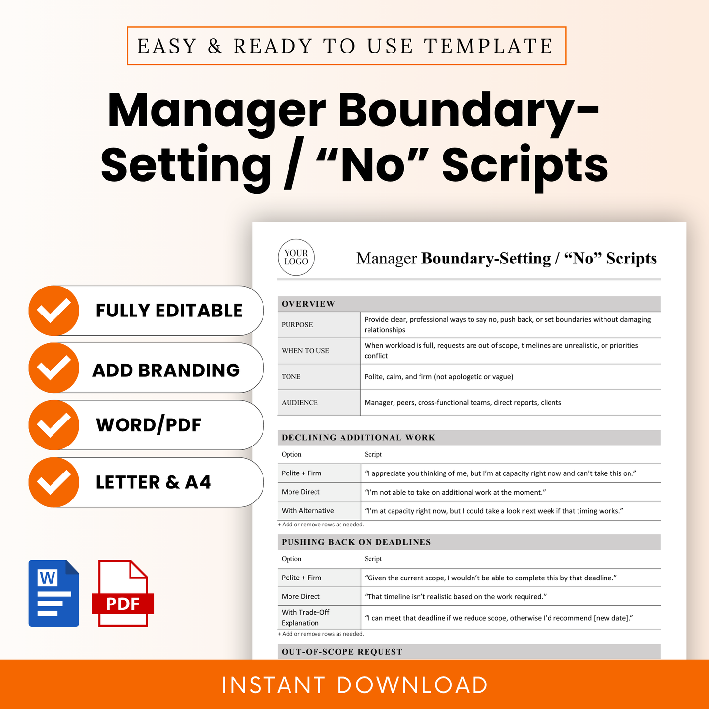 Manager boundary setting no scripts template cover image showing editable Word and PDF files, professional workplace communication tool, minimalist business printable, instant download