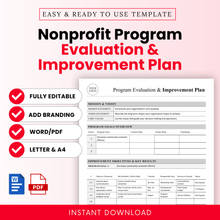 Nonprofit program evaluation and improvement plan template with editable Word and PDF formats, includes mission, goals, objectives, and KPI tracking sections for nonprofit organizations