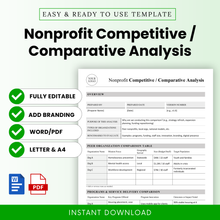 Nonprofit competitive comparative analysis template cover with clean minimalist design, editable Word and PDF format, includes overview section and comparison tables for strategy planning
