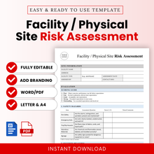 Editable facility and physical site risk assessment template shown with structured sections for site information, safety hazards, scoring guide, and evaluation fields, designed for workplace safety audits and compliance.