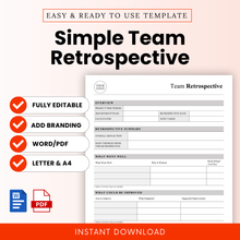 Simple Team Retrospective Template Cover With Editable Layout, Clean Professional Design, Word And PDF Formats, Letter And A4 Sizes, Instant Download Planner For Agile Teams