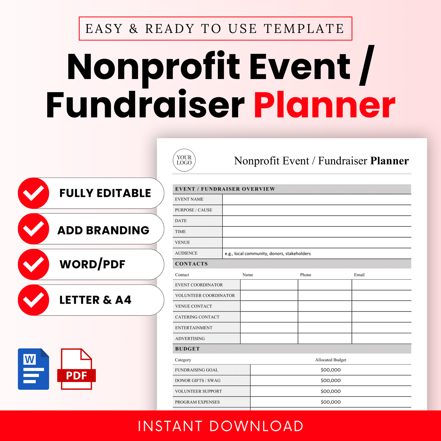 Nonprofit Event Fundraiser Planner Template Word and Nonprofit Event Fundraiser Planner Template PDF displayed with a clean, minimalist layout. This editable nonprofit planner is perfect for organizing fundraising events, managing logistics, and customizing branding for teams, charities, and small organizations.