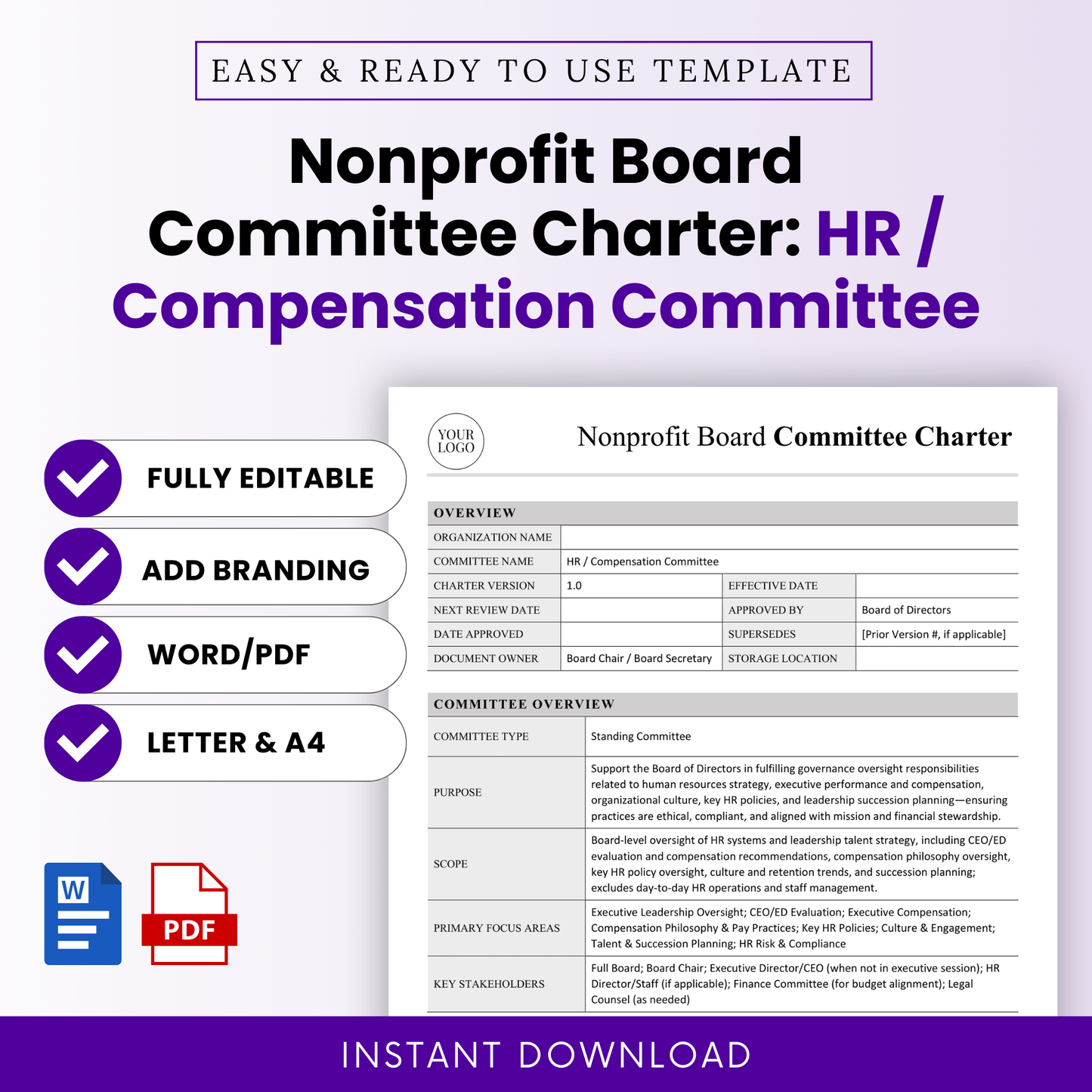 Nonprofit board committee charter template for HR and compensation committee, editable governance document with branding options, Word and PDF formats, letter and A4 sizes, professional minimalist layout