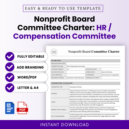 Nonprofit board committee charter template for HR and compensation committee, editable governance document with branding options, Word and PDF formats, letter and A4 sizes, professional minimalist layout