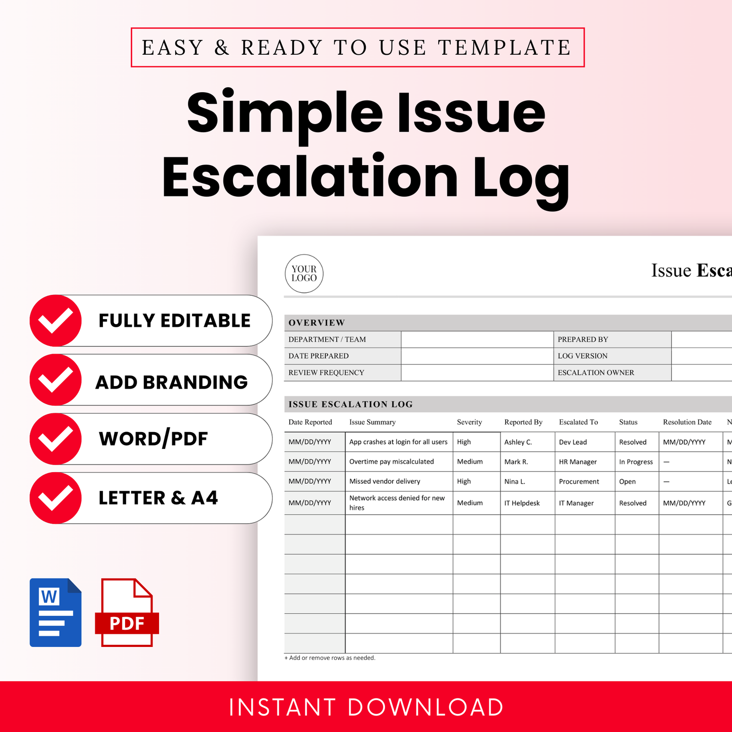 Simple issue escalation log template cover with clean minimalist layout, editable Word and PDF format, includes letter and A4 sizes, professional business document for tracking incidents and escalation workflows