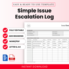 Simple issue escalation log template cover with clean minimalist layout, editable Word and PDF format, includes letter and A4 sizes, professional business document for tracking incidents and escalation workflows
