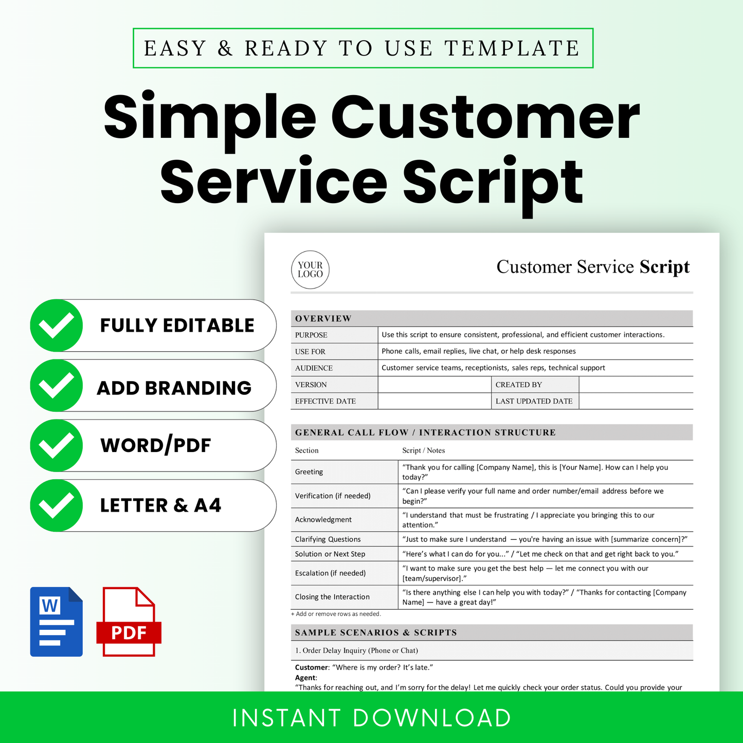 Simple customer service script template with editable sections, call flow structure, and sample scripts for phone, email, and chat support, designed for professional business use in Word and PDF formats