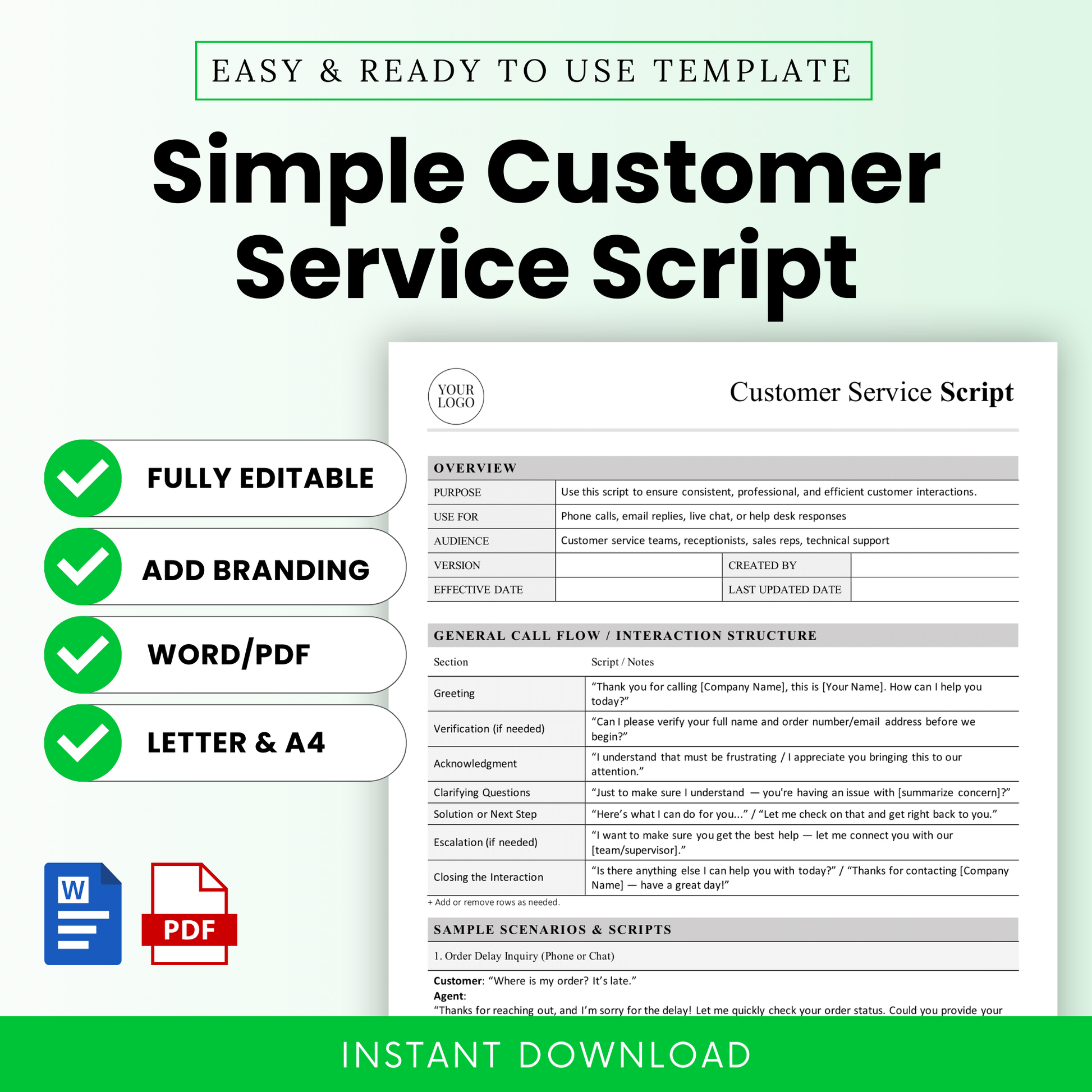 Simple customer service script template with editable sections, call flow structure, and sample scripts for phone, email, and chat support, designed for professional business use in Word and PDF formats