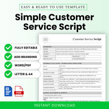 Simple customer service script template with editable sections, call flow structure, and sample scripts for phone, email, and chat support, designed for professional business use in Word and PDF formats