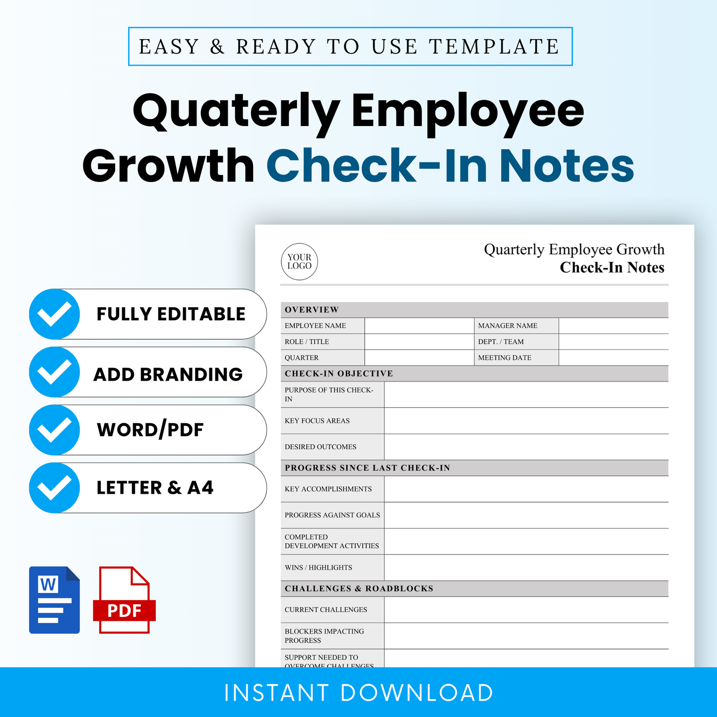 Modern quarterly employee growth check-in template cover showcasing a clean, editable HR performance review form designed for managers, team leaders, and small business use in Word and PDF formats.