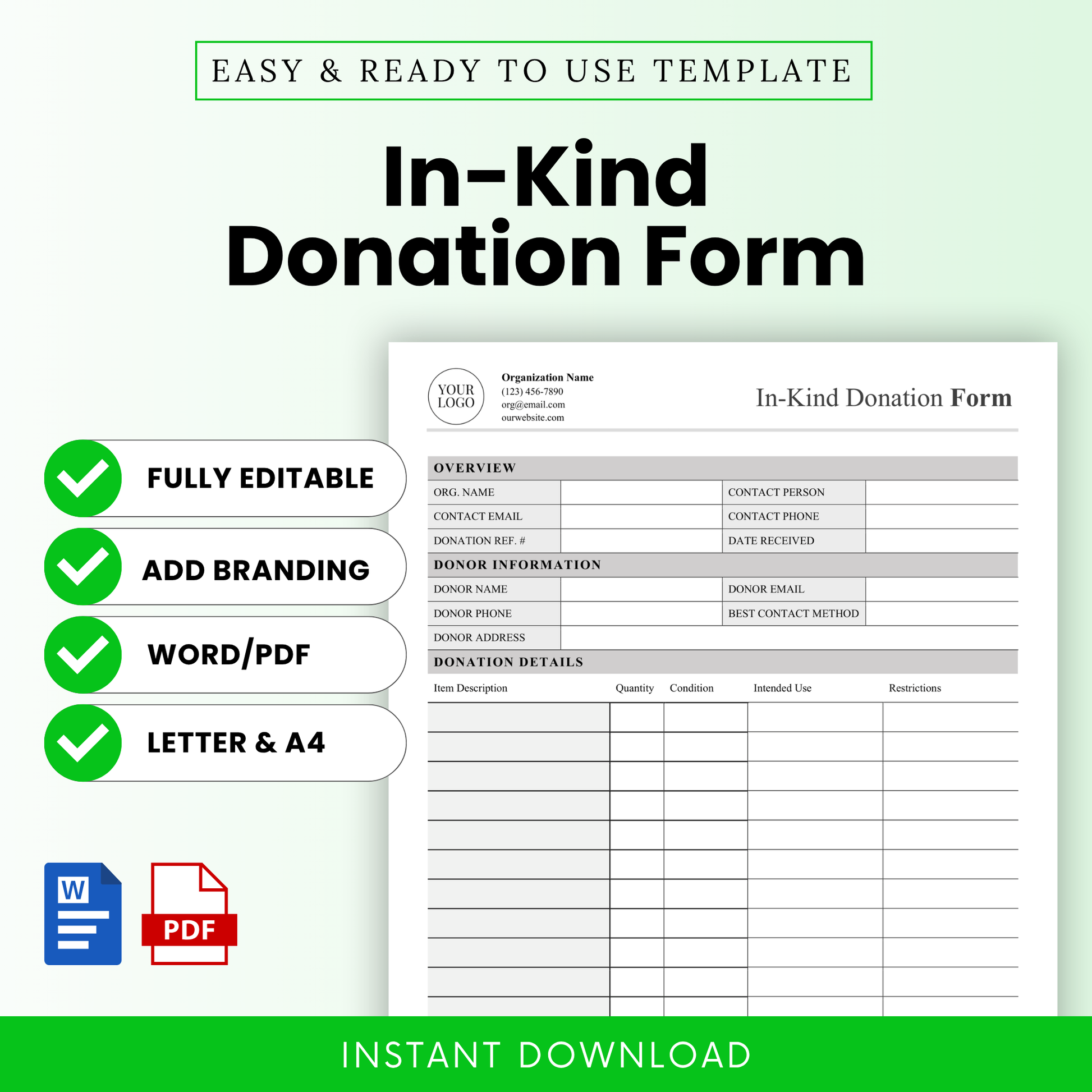 In-Kind Donation Form Template Word and In-Kind Donation Form Template PDF shown with clean layout and editable sections for nonprofits and charities. This simple In-Kind Donation Form Template is fully editable, printable, and ideal for tracking non-cash donations, donor information, and item details for organized recordkeeping.