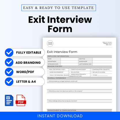 Exit Interview Form template preview showing editable PDF and Word format, branding option, and Letter/A4 sizes with sample form layout and instant download icons.