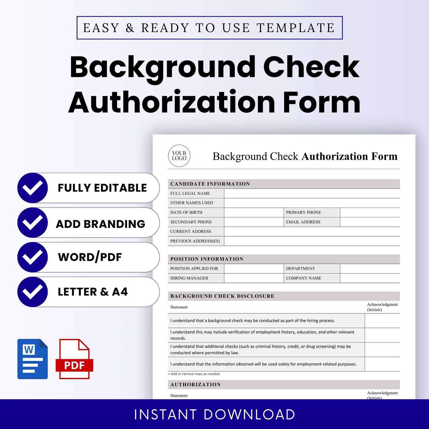 Background Check Authorization Form Template Word and Background Check Authorization Form Template PDF shown in a clean, modern layout with key features like fully editable, add branding, and instant download. This simple Background Check Authorization Form template is ideal for HR teams, recruiters, and small businesses needing a professional, printable business template.