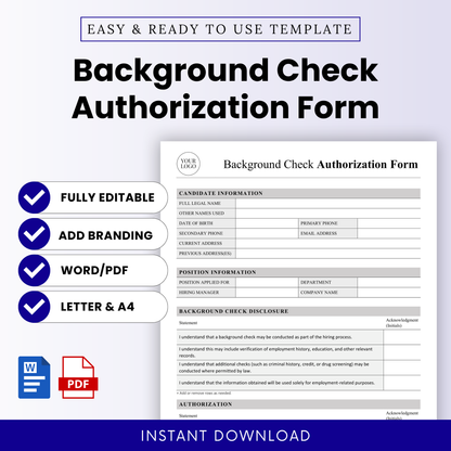 Background Check Authorization Form Template Word and Background Check Authorization Form Template PDF shown in a clean, modern layout with key features like fully editable, add branding, and instant download. This simple Background Check Authorization Form template is ideal for HR teams, recruiters, and small businesses needing a professional, printable business template.