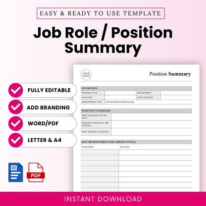 Job role and position summary template cover featuring editable HR document layout with clean minimalist design, includes Word and PDF formats, letter and A4 sizes, ideal for hiring managers and HR professionals