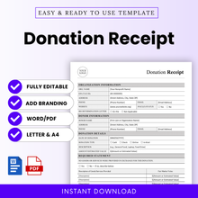 Simple Donation Receipt Template featuring a clean, fully editable layout designed for nonprofits and small businesses. This Donation Receipt Template Word and Donation Receipt Template PDF includes customizable fields for organization, donor, and donation details, making it easy to create professional records. Ideal for teams needing an editable, printable business template for accurate donation tracking and compliance.