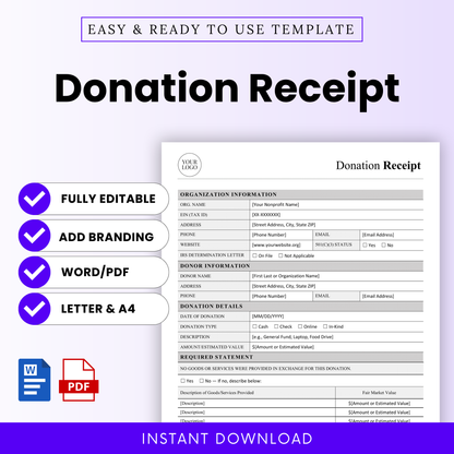 Simple Donation Receipt Template featuring a clean, fully editable layout designed for nonprofits and small businesses. This Donation Receipt Template Word and Donation Receipt Template PDF includes customizable fields for organization, donor, and donation details, making it easy to create professional records. Ideal for teams needing an editable, printable business template for accurate donation tracking and compliance.