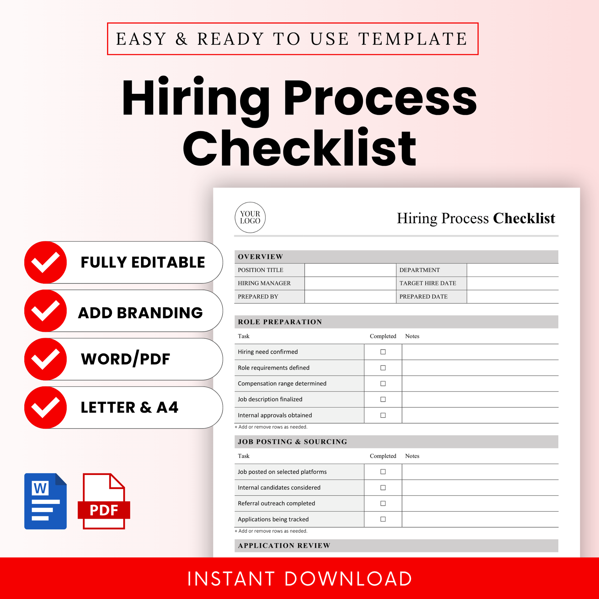 Hiring process checklist template cover image with editable HR recruitment tracker, Microsoft Word and PDF formats, fully customizable hiring workflow document for small business and HR teams, instant download