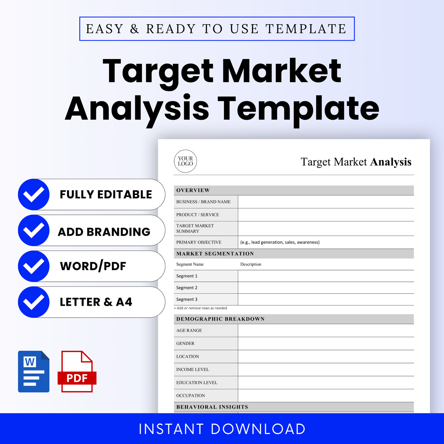 Target Market Analysis Template Word and Target Market Analysis Template PDF shown in a clean, modern layout with editable sections for business overview, segmentation, and demographics. This simple Target Market Analysis Template is ideal for small business owners and marketers looking for an organized, printable business template to define their ideal customer profile.
