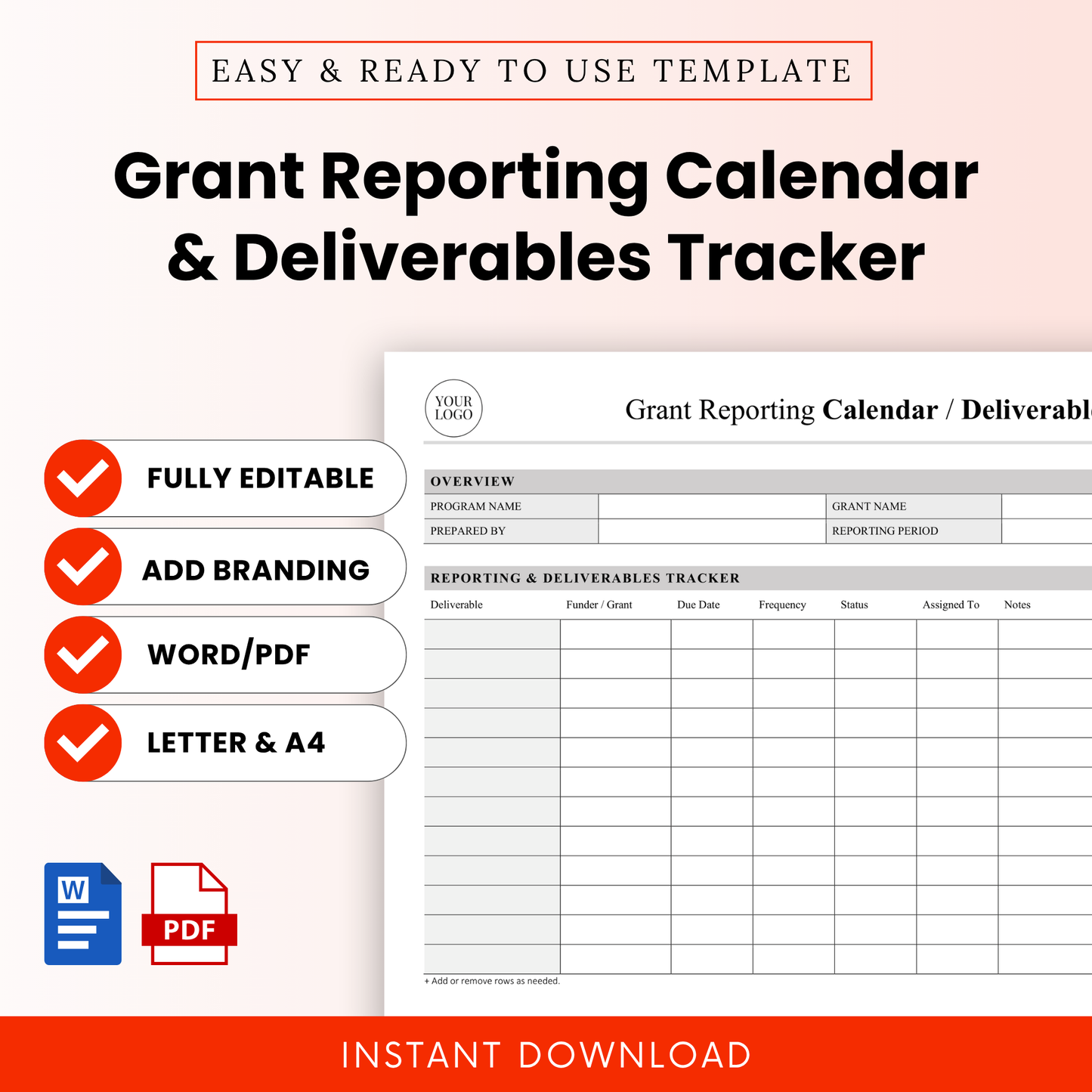Grant Reporting Calendar Template Word and Grant Reporting Calendar Template PDF shown in a clean, modern layout with key features like fully editable, add branding, and Letter & A4 sizes highlighted. This simple Grant Reporting Calendar & Deliverables Tracker Template is ideal for nonprofits, grant managers, and teams needing an editable, printable business template for tracking deadlines and deliverables.