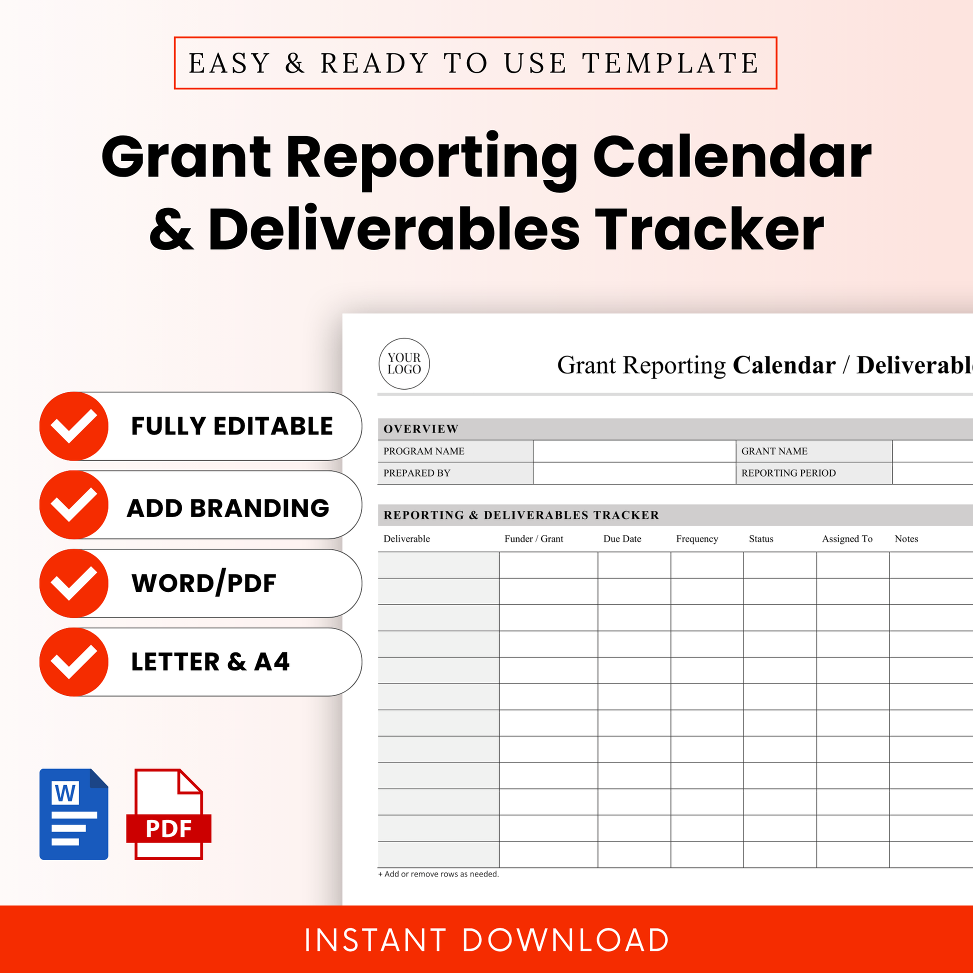 Grant Reporting Calendar Template Word and Grant Reporting Calendar Template PDF shown in a clean, modern layout with key features like fully editable, add branding, and Letter & A4 sizes highlighted. This simple Grant Reporting Calendar & Deliverables Tracker Template is ideal for nonprofits, grant managers, and teams needing an editable, printable business template for tracking deadlines and deliverables.