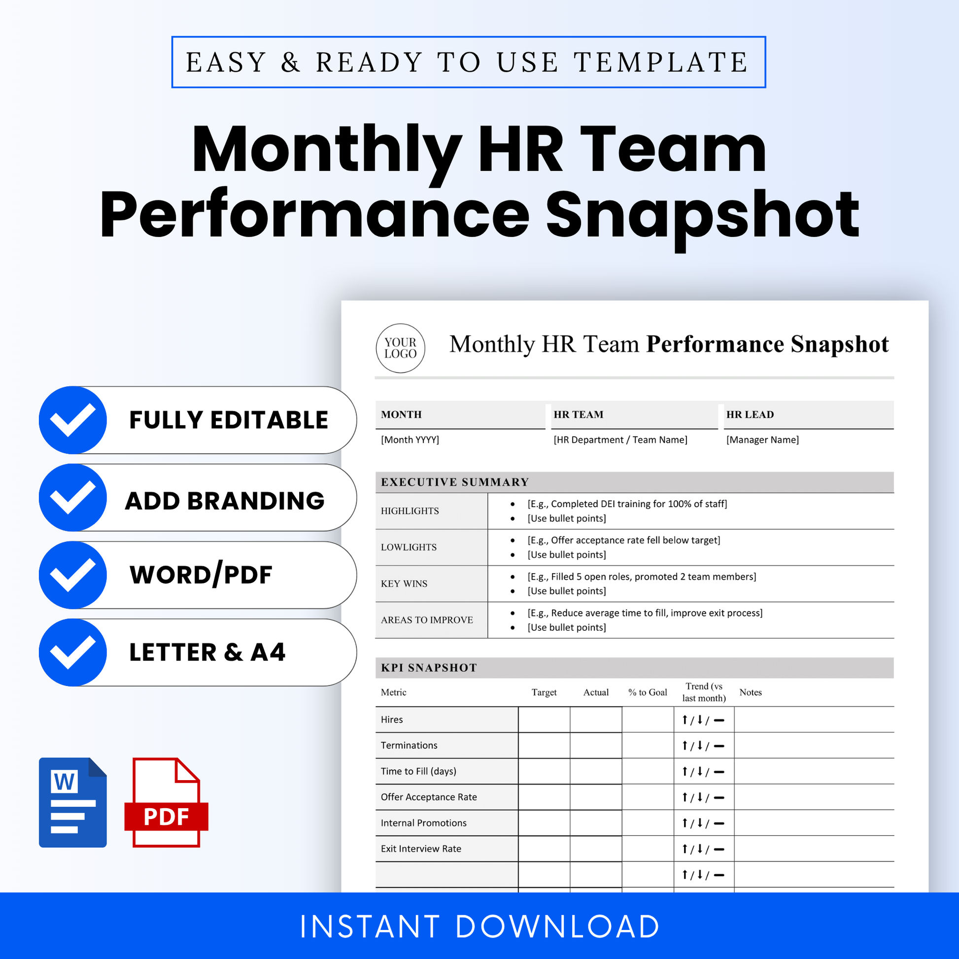 Simple HR monthly performance report template with KPI snapshot table, executive summary sections, editable Word and PDF format, clean corporate layout for HR teams and managers