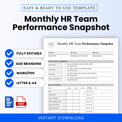Simple HR monthly performance report template with KPI snapshot table, executive summary sections, editable Word and PDF format, clean corporate layout for HR teams and managers
