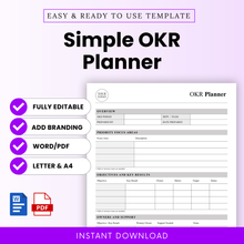 Simple OKR planner template cover with bold title, editable Microsoft Word and printable PDF formats, US Letter and A4 sizes, clean layout for business goal setting and productivity planning